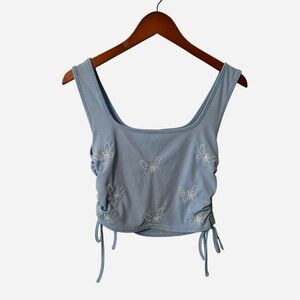 SHEIN Blue White Butterfly Embroidered Side Tie Crop Tank Top Womens Large